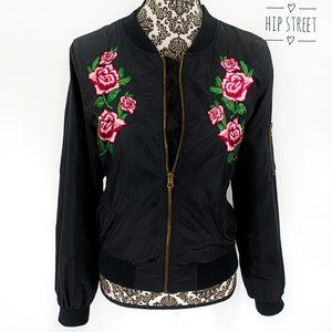 CHARLOTTE RUSSE Embroidered Floral Shiny Bomber Jacket L
